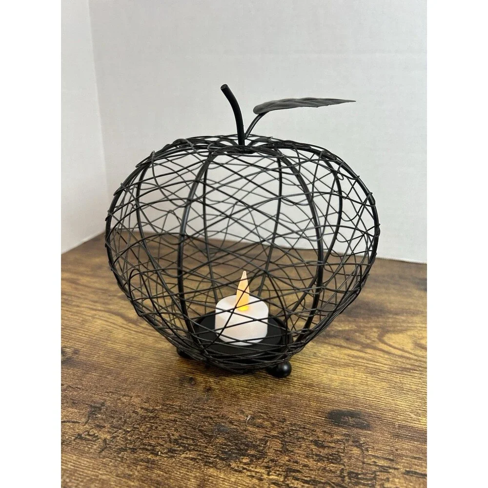 Vintage Black Wire Apple Candle Holder Teacher Fall Gift Farmhouse Decor 7 inch
